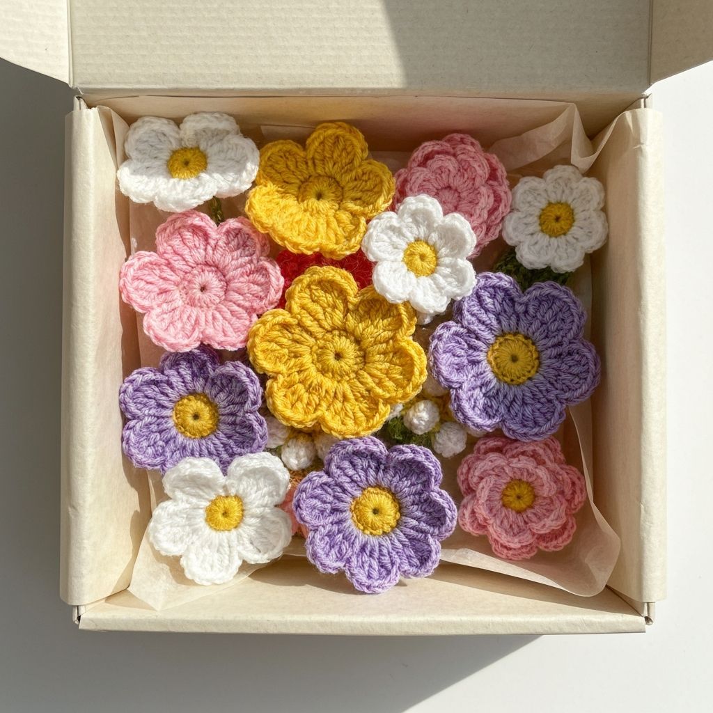 An opened surprise box revealing an assortment of crochet flowers